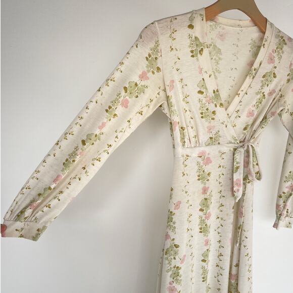 Vintage 70s Cream Jersey Floral Wrap Dress / Sz S / Neutral Maxi / Boho Hippie - Picture 5 of 11